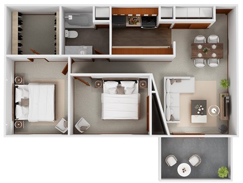 Floor plan for 2 beds, 1 bath, 968 sqft